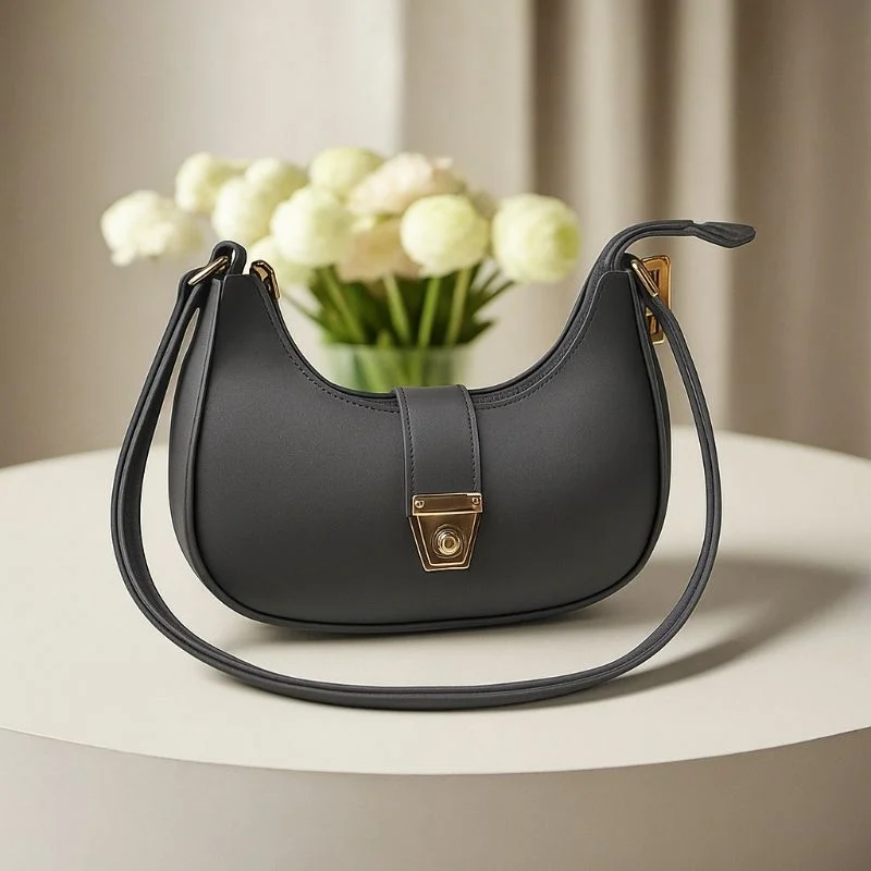 Crescent Luxury Faux Leather Shoulder Bag | Dark Gray Elegant Handbag for Women - Image 2